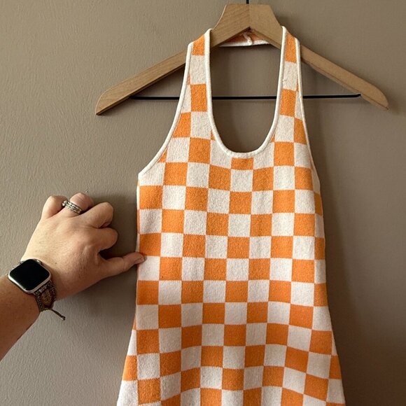Women's XS/S Princess Polly Orange Checkmate Print Halter Bodycon Knit Mini - Picture 5 of 8